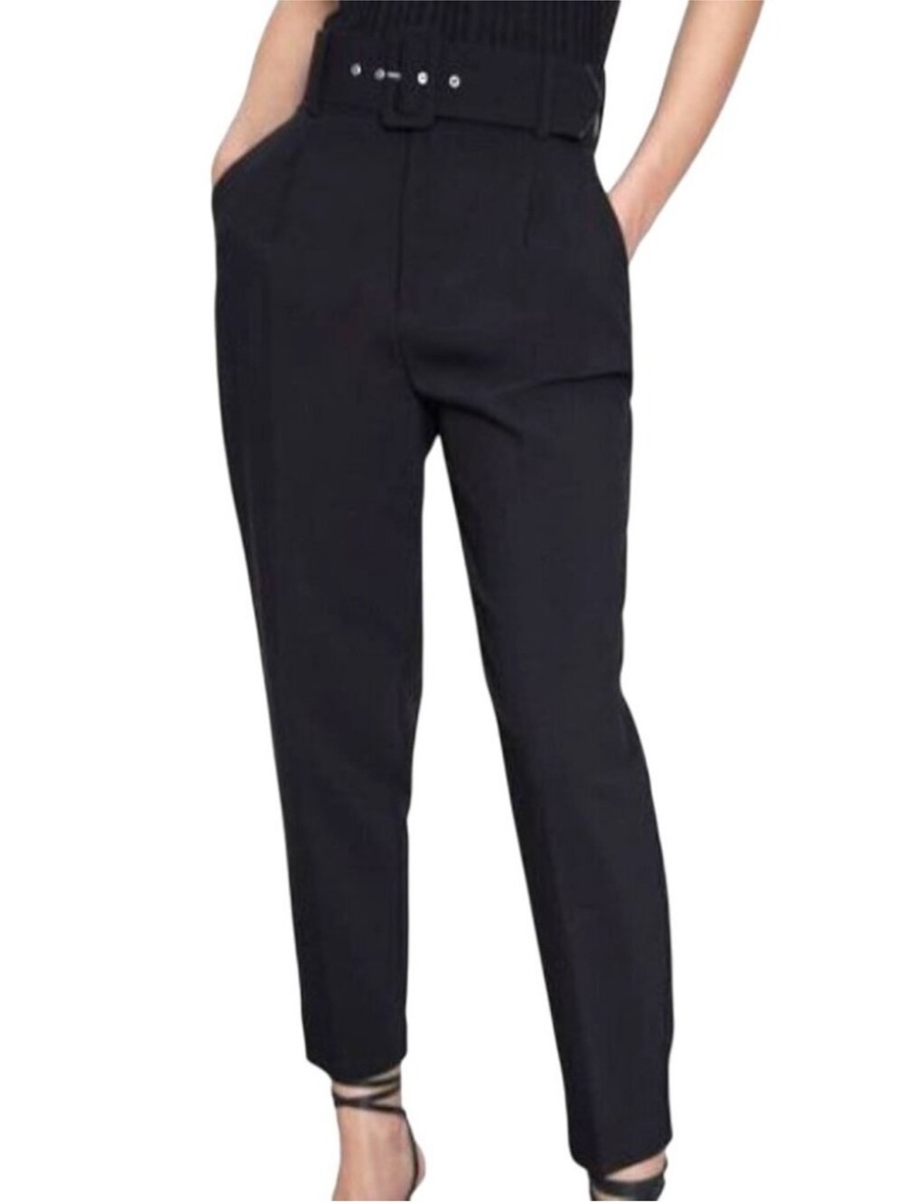 NWOT Zara High Waist Belted Trouser Pants S Black Pleated Ankle